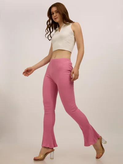 OUTZIDR Mauve Ribbed Basic Flared Leggings